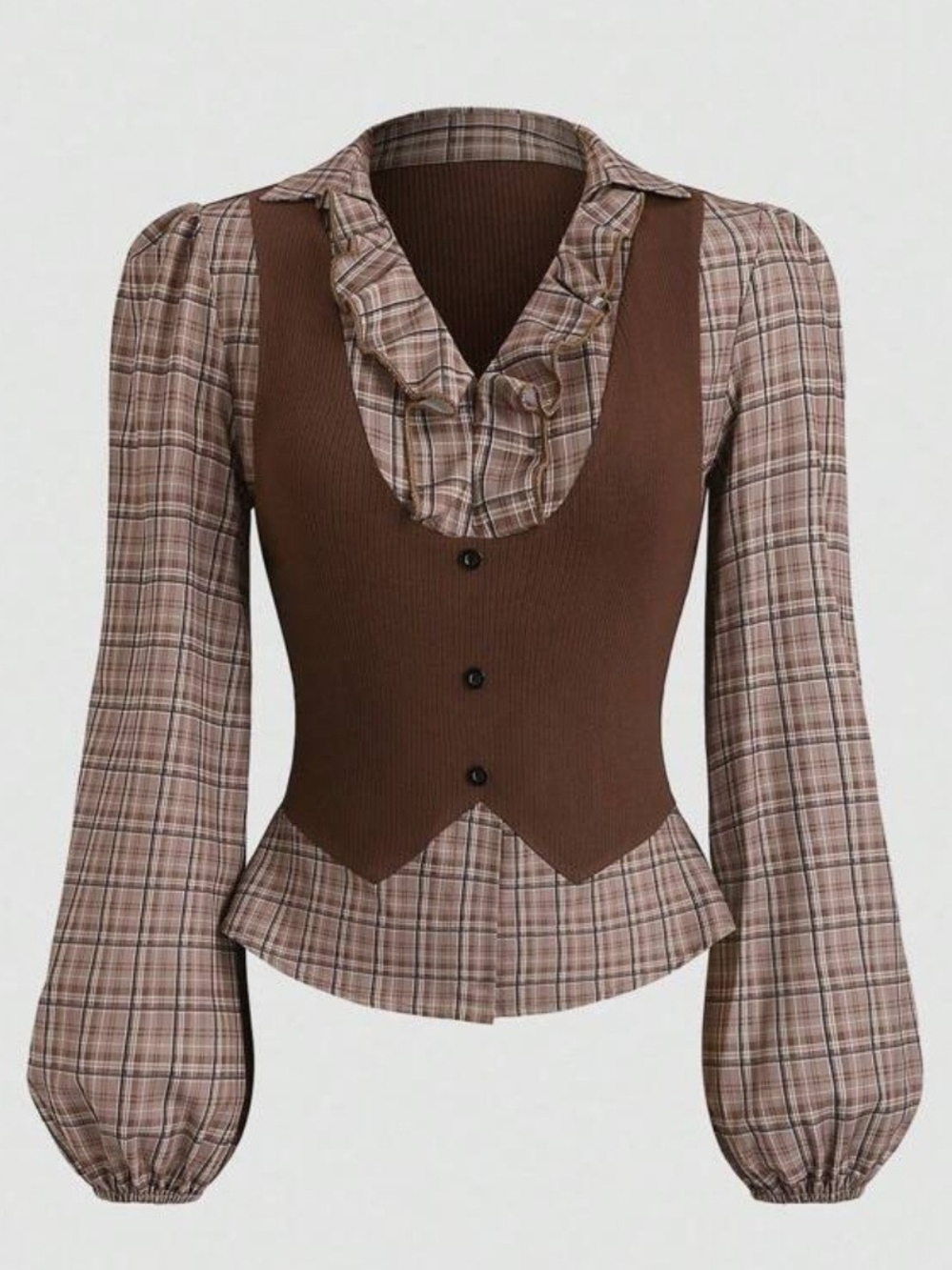 Brown Plaid Ruffle-Neck Layered Top